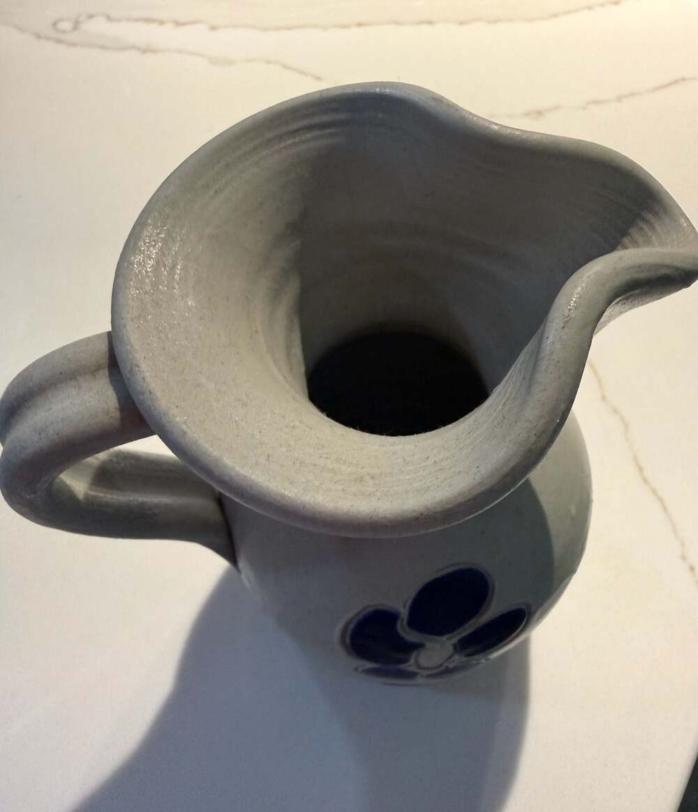 Vintage Williamsburg Pottery Salt-Glazed Stoneware Pitcher with Cobalt Blue Flor